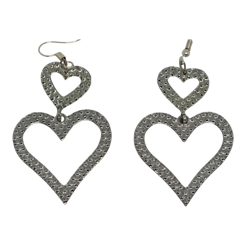 Sparkling Crystal Double Heart Drop Earrings Vintage Style Silver-Tone